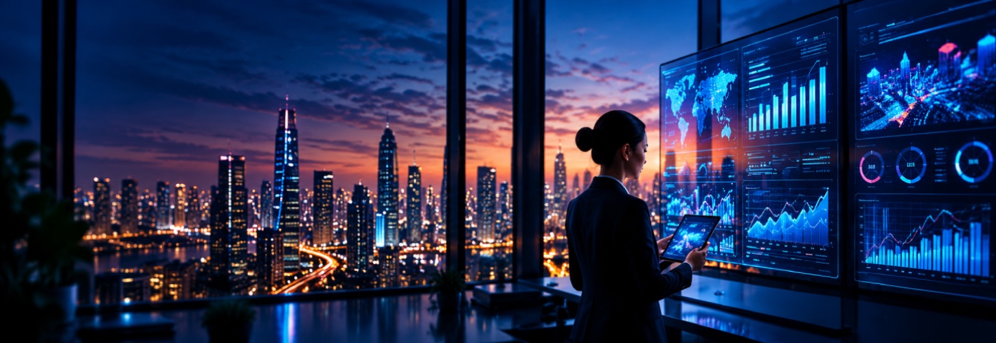 A person working with a luminous digital interface