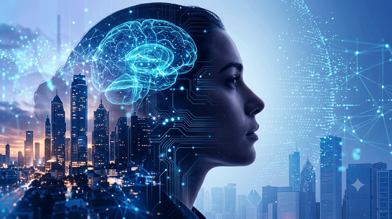 Human profile illuminated with neural connections and a digital city