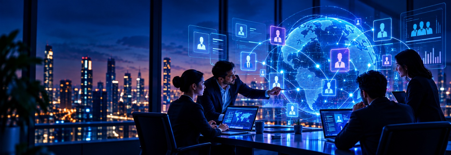 A person working with a luminous digital interface